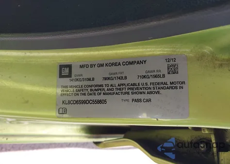 2013 Chevrolet Spark 1Lt Auto from USA, damaged, VIN KL8CD6S99DC558605